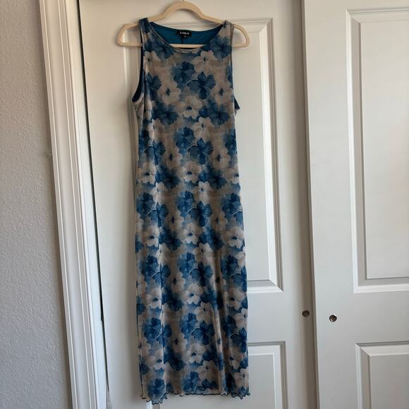 VTG Bebe Blue Floral Mesh Maxi Dress Slim Fit 90s Grunge Fairycore Bodycon Sz M - Picture 2 of 11